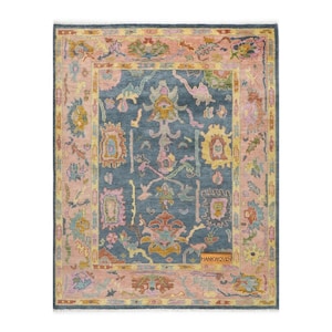 Handmade Wool Area Rug: Blue Center, Pink Pastel Border, Vintage Turkish Design