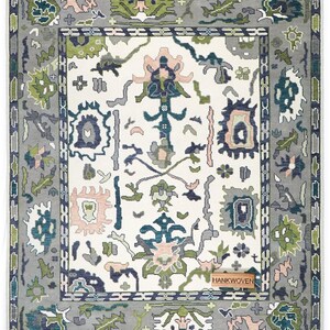 Ivory Blue Green Oushak Rug, Handmade Wool Area Rug, Traditional Turkish Design Modern Rug, 8x10 Rug for Living Room, All Custom Sizes image 2
