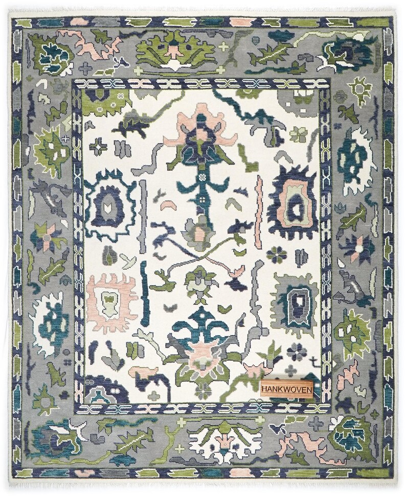 Ivory Blue Green Oushak Rug, Handmade Wool Area Rug, Traditional Turkish Design Modern Rug, 8x10 Rug for Living Room, All Custom Sizes image 2