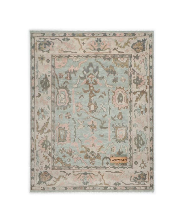 Pastel Blue Oushak Rug: Hand Knotted Traditional Turkish Vintage Look Area Rug Muted Blue & Peach Custom Made Rug for Living Room Wool Rug