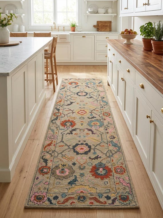 Turkish Oushak Runner Rug Handmade Floral Colorful Khaki Hallway Runner Boho Runner Rug Eclectic Oriental Stairway Runner - All Custom Sizes