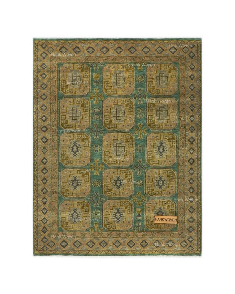 Earthy Looking Rugs Vintage Teal Green Wool Rug: Hand Knotted Large Geometric Medallion ...