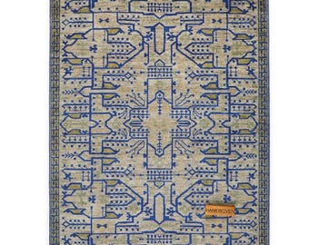 Hand Knotted Wool Oushak Rug: Blue & Muted Beige Geometric Antique Look Anatolian Area Rug