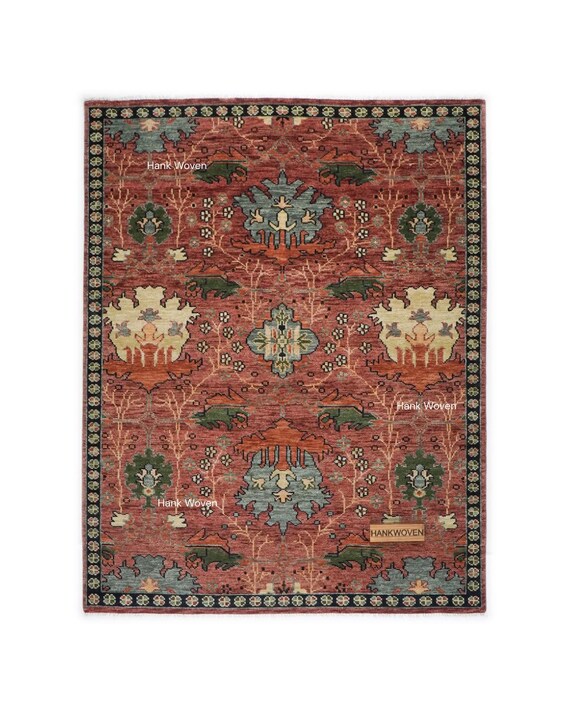 Vintage Rust Red Oushak Rug: Hand Knotted Antique Look Turkish Area Rug Donegal Arts & Craft Living Room Boho Rug 8x10 Rug Kitchen Runner