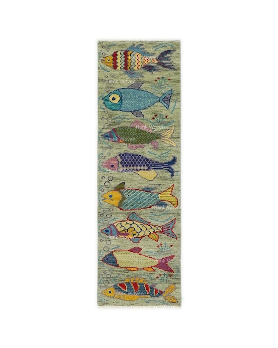 Sage Green Fish Runner Rug: Hand Knotted Colorful Koi Fish Contemporary Runner Rug - Runner for Stairway - Hallway Runner - Kitchen Runner