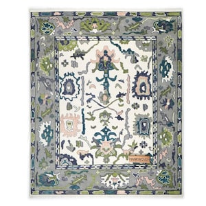 Ivory Blue Green Oushak Rug, Handmade Wool Area Rug, Traditional Turkish Design Modern Rug, 8x10 Rug for Living Room, All Custom Sizes image 1