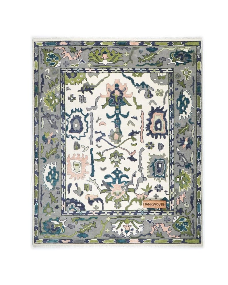 Ivory Blue Green Oushak Rug, Handmade Wool Area Rug, Traditional Turkish Design Modern Rug, 8x10 Rug for Living Room, All Custom Sizes image 1