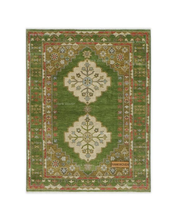 Green Wool Area Rug, Handmade Wool Rug, Traditional Floral Rug, Vintage Style Rug, Boho Botanical Rug, Neutral Living Room Rug, Custom Rug