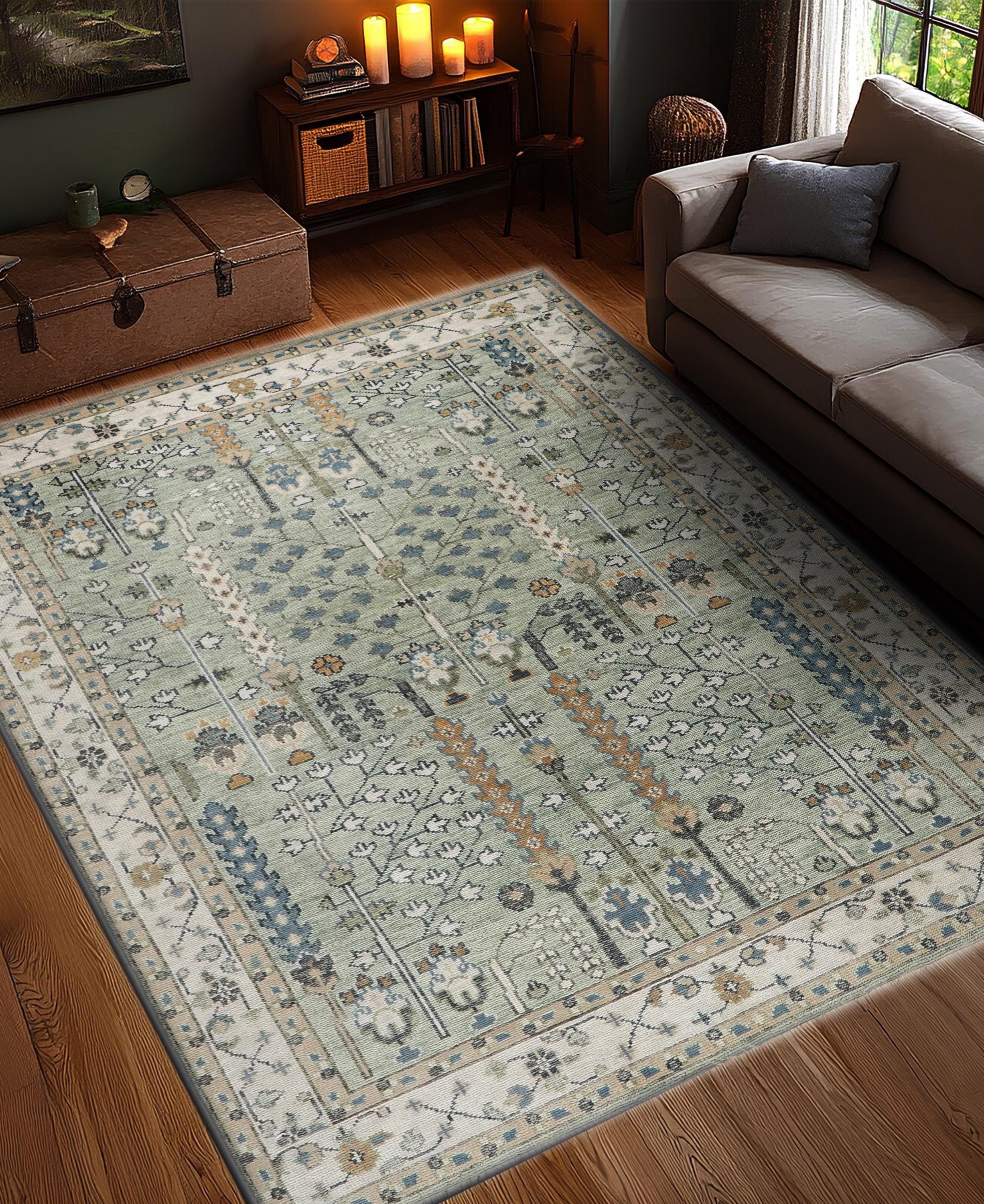 Hand-knotted Wool Tree of Life Rug, Light Sage Green Oushak Style