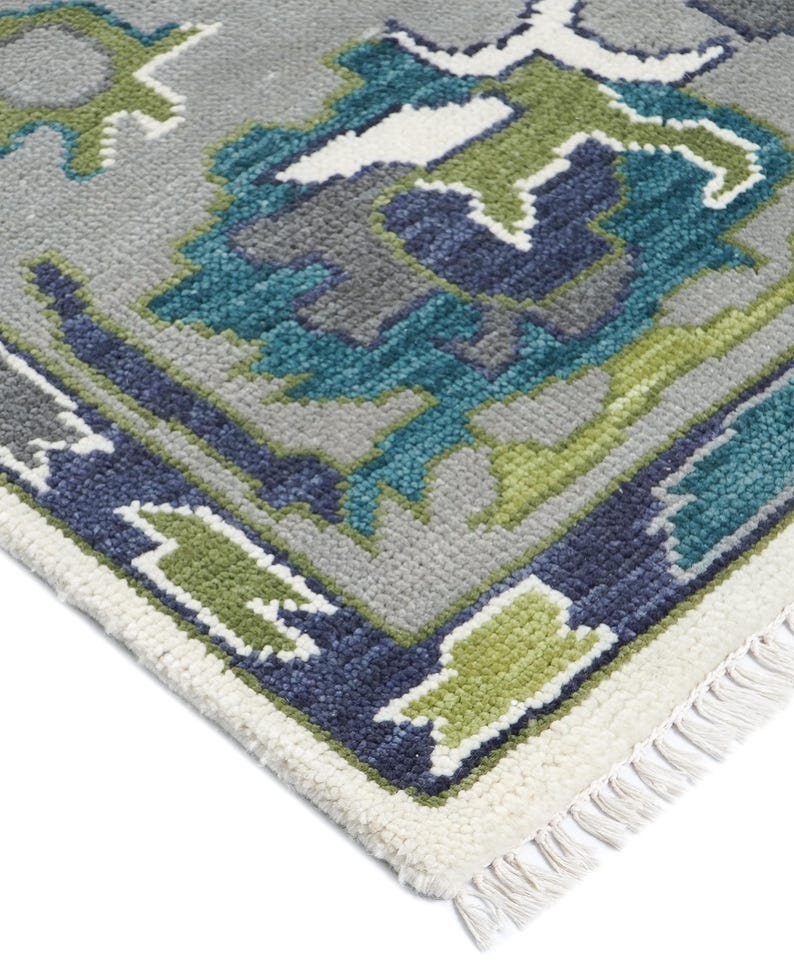 Ivory Blue Green Oushak Rug, Handmade Wool Area Rug, Traditional Turkish Design Modern Rug, 8x10 Rug for Living Room, All Custom Sizes image 7