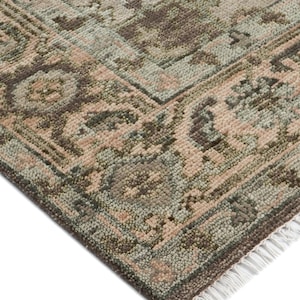 May include: Close-up of a section of a patterned rug. The rug features a traditional design with a mix of colors, including muted pink, green, and brown tones. The edges are finished with a dark brown border and white fringe.
