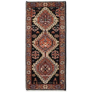 Alfombra de pasillo oriental vintage negra y roja: Alfombra de pasillo tradicional Kazak anudada a mano para escaleras / Alfombra de pasillo larga a medida / Alfombra de cocina