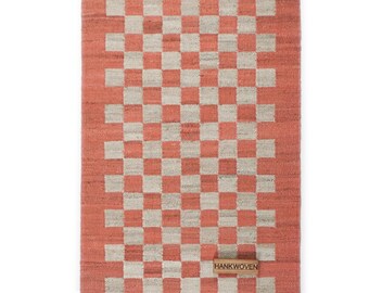 Coral Red Checkered Jute Rug: Handwoven Natural Jute Area Rug Modern Check Pattern Custom Size Braided Eco-friendly Rug
