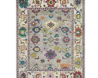Gray Colorful Wool Rug: Handmade Traditional Turkish Style Oushak Area Rug | Hand Knotted 8x10 Rug for Living Room in All Sizes