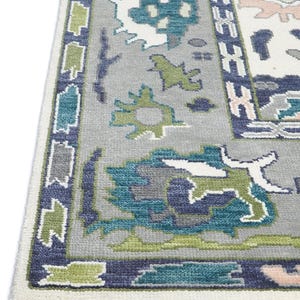 Ivory Blue Green Oushak Rug, Handmade Wool Area Rug, Traditional Turkish Design Modern Rug, 8x10 Rug for Living Room, All Custom Sizes image 8