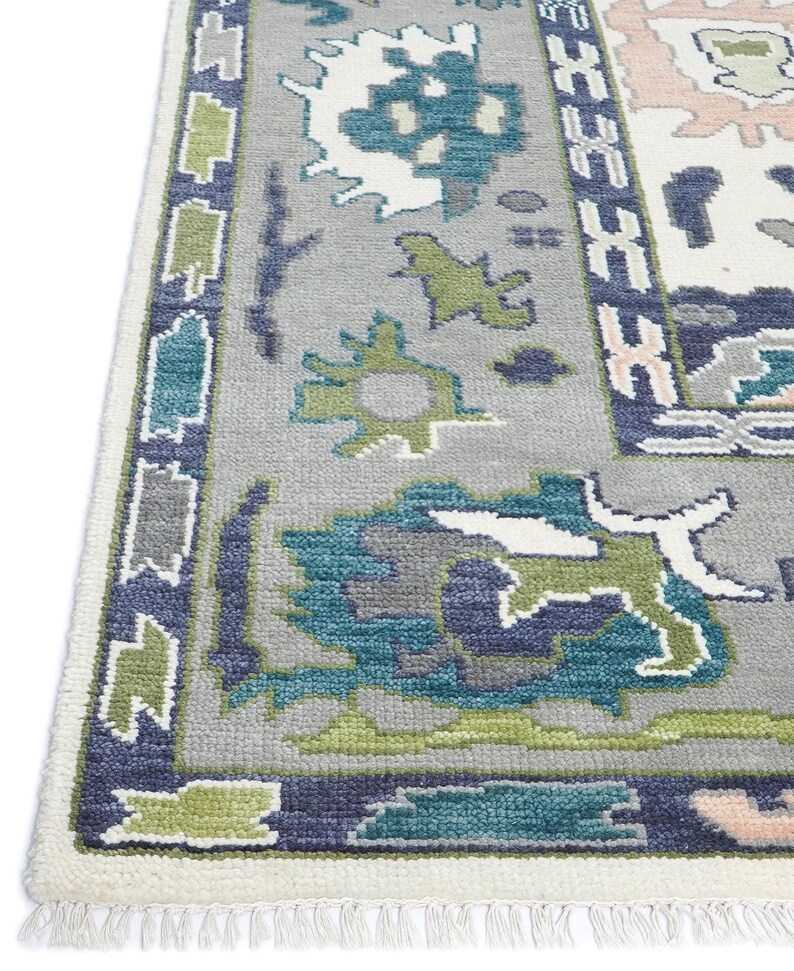 Ivory Blue Green Oushak Rug, Handmade Wool Area Rug, Traditional Turkish Design Modern Rug, 8x10 Rug for Living Room, All Custom Sizes image 8