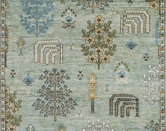 Bohemian Persian Inspired Tree of life Contemporary Light Green Designer Soft Oushak Turkish Style Wool Rug Customizable in ALL SIZES