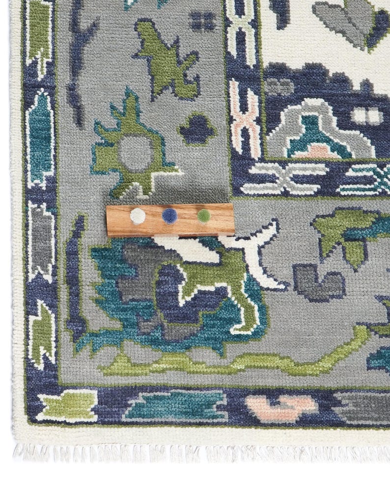Ivory Blue Green Oushak Rug, Handmade Wool Area Rug, Traditional Turkish Design Modern Rug, 8x10 Rug for Living Room, All Custom Sizes image 3