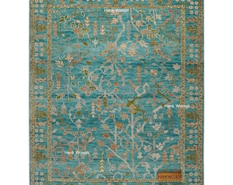 Turquoise botanische Oushak-tapijt: handgeknoopt vloerkleed van Turkse wol