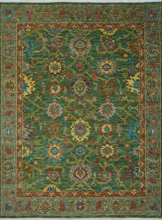 Forest Green Hand-Knotted Wool Oushak Rug: Custom Size Area Rug