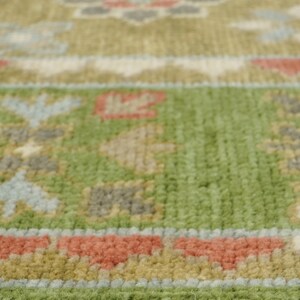 以下が含まれることがあります： 緑とベージュのエリアラグのクローズアップ。花柄模様です。ラグは、緑、ベージュ、コーラルの色のボーダーが特徴です。ラグのデザインには、花柄と幾何学的な要素が含まれています。