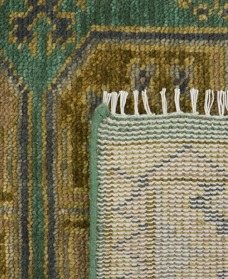 Earthy Looking Rugs Vintage Teal Green Wool Rug: Hand Knotted Large Geometric Medallion ...