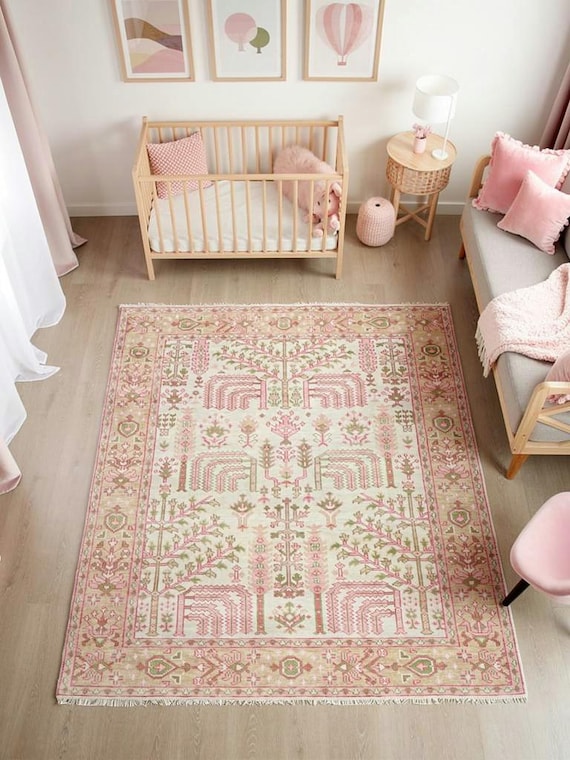 Pink & Ivory Wool Rug: Hand Knotted Pink and Green Nursery Rug | 8x10 Modern Pastel Oushak Soft Wool Rug