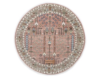 Round Pink Oushak Rug | Hand Knotted Wool Turkish Round Area Rug | Blush Pink Vintage Floral Carpet | Traditional Tree of Life Oushak Rug