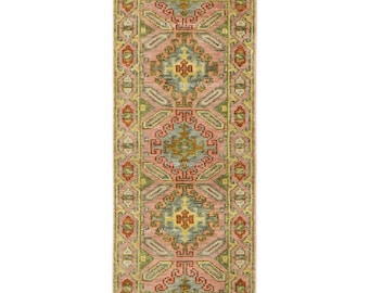 Tappeto passatoia geometrico rosa: passatoia in lana Oushak annodata a mano con motivo a medaglione per scale / passatoia rosa per cucina / passatoia per corridoio