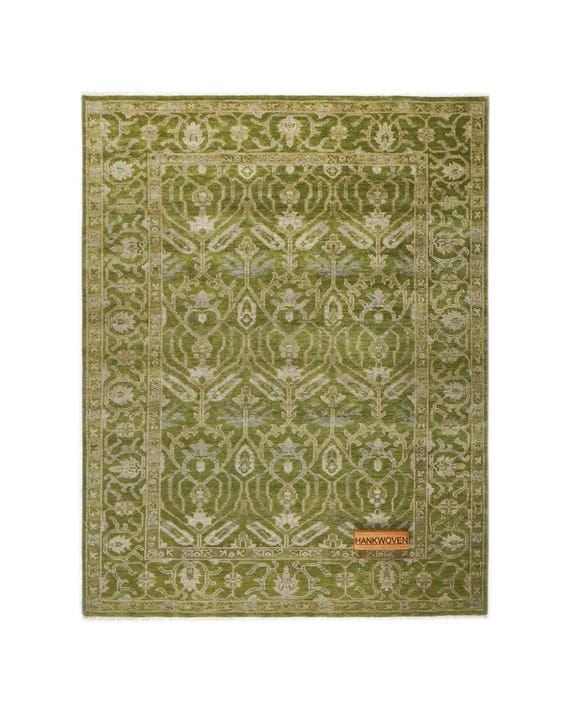 Hand-Knotted Wool Oushak Rug – Olive Green, Turkish Style