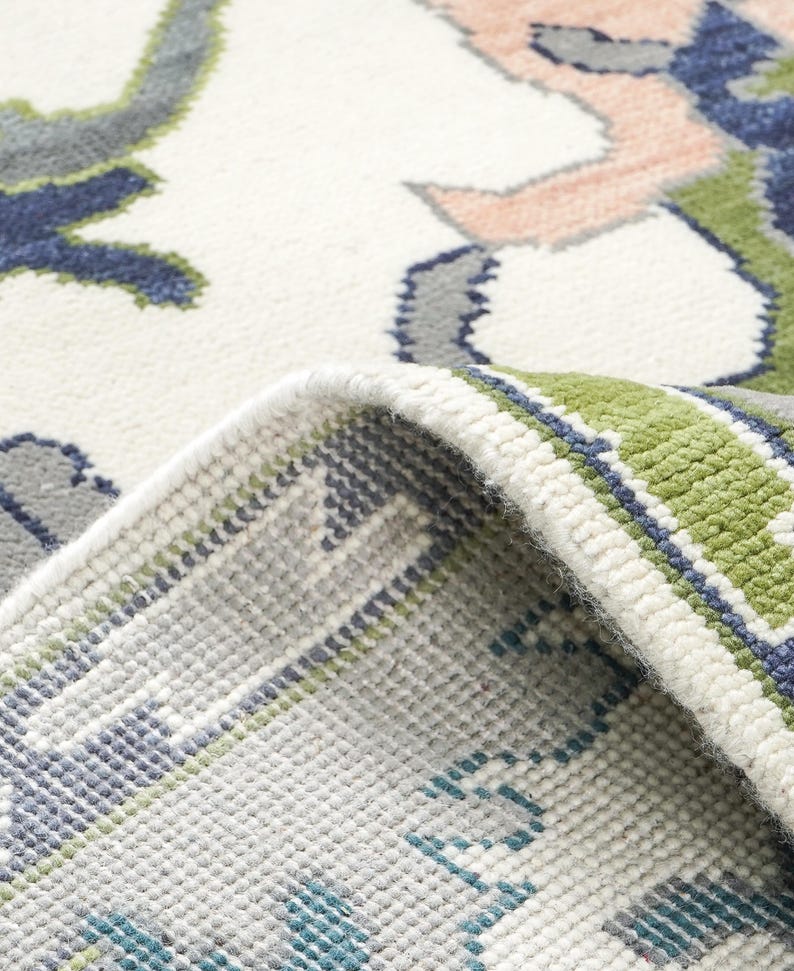 Ivory Blue Green Oushak Rug, Handmade Wool Area Rug, Traditional Turkish Design Modern Rug, 8x10 Rug for Living Room, All Custom Sizes image 6