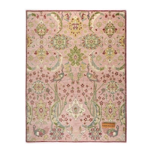 May include: A rectangular pink rug with an intricate floral and peacock design. The rug features a central medallion and repeating patterns in shades of green, yellow, and red. The border is a darker shade of pink, and the rug has the text "HANKWOVEN".
