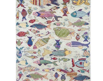 Koi Fish Wool Rug • Handmade Green Pink Colorful Area Rug • Runner Rug • Round Rug • Soft Wool Rug • Whimsical Fish Rug • Coastal Decor