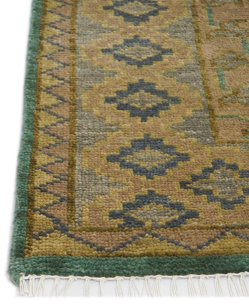 Earthy Looking Rugs Vintage Teal Green Wool Rug: Hand Knotted Large Geometric Medallion ...