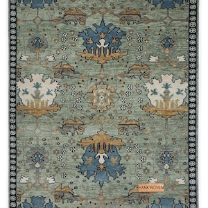 Alfombra Oushak vintage en color rojo óxido: alfombra turca de aspecto antiguo anudada a mano, estilo bohemio, para sala de estar, de Donegal, de 8 x 10 pulgadas, disponible en todos los tamaños. Light Green