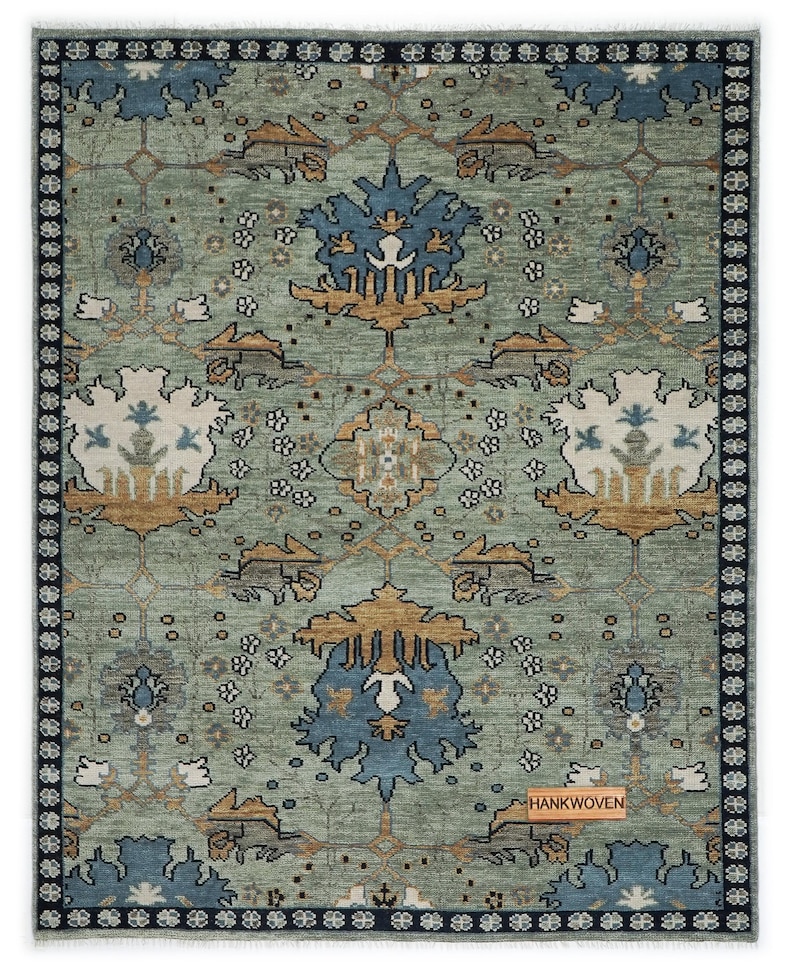 Alfombra Oushak vintage en color rojo óxido: alfombra turca de aspecto antiguo anudada a mano, estilo bohemio, para sala de estar, de Donegal, de 8 x 10 pulgadas, disponible en todos los tamaños. Light Green