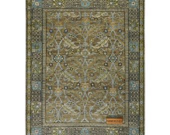 Tapis Oushak vert olive et marron - Moquette en laine nouée à la main avec des touches de taupe et d'ivoire, tapis de style turc vintage