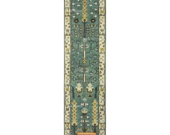 Aqua Green Wool Runner Rug: Hand Knotted Turkish Tree of Life Oushak Runner Rug for Hallway -Kitchen Runner Rug - Vintage Stair Runner Rug