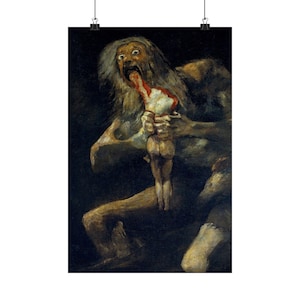 Puede incluir: Una impresión de la pintura de Francisco Goya, "Saturno devorando a su hijo". La obra representa una figura monstruosa consumiendo una forma humana, con un fondo oscuro y ominoso. La paleta de colores está dominada por tonos terrosos y contrastes marcados.