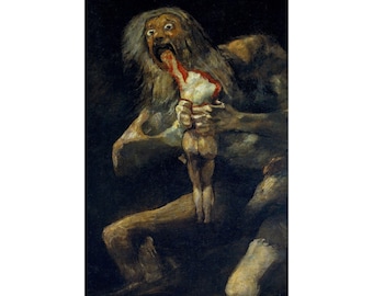 Può includere: Una stampa del dipinto di Francisco Goya "Saturno che divora i suoi figli". L'opera raffigura una figura mostruosa che divora una forma umana, con uno sfondo cupo e minaccioso. La tavolozza dei colori è dominata da toni terrosi e forti contrasti.