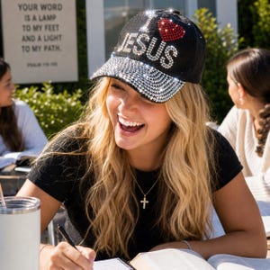May include: Black baseball cap with the text "I ❤️ JESUS" in silver rhinestones and a red heart. The brim is fully encrusted with rhinestones. The hat is worn by a person with long blonde hair.