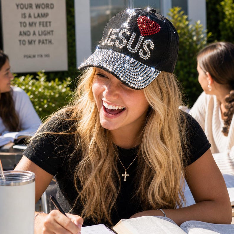 May include: Black baseball cap with the text "I ❤️ JESUS" in silver rhinestones and a red heart. The brim is fully encrusted with rhinestones. The hat is worn by a person with long blonde hair.