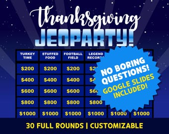 Virtual Thanksgiving Jeopardy Game Powerpoint & Google slides, Fun Friendsgiving Quiz, Holiday Trivia for Family, Adults, Office