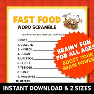 Fast Food Word Scramble Games, Printable Food Quiz, Game Night for Kids ...
