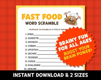 Fast Food Word Scramble Games, Printable Food Quiz, Game night for Kids, Seniors, Teen, Family, Office, Instant Download