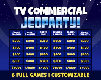 Editable TV Commercial Trivia Jeopardy Game, Family Night Office Party Teens Adults Big Groups, Virtual PowerPoint & Google Slides Template