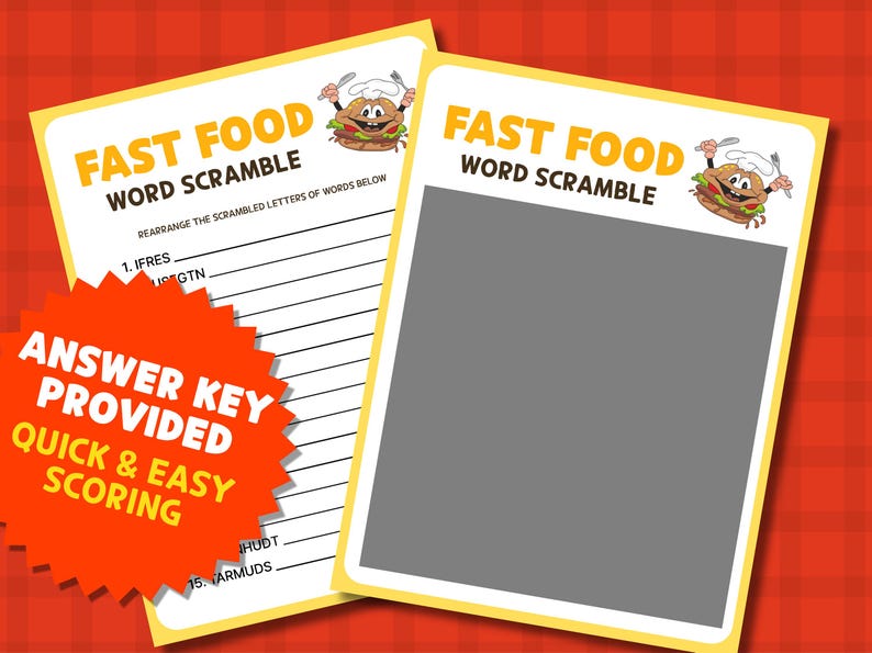Fast Food Word Scramble Games, Printable Food Quiz, Game Night for Kids ...
