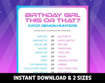 Birthday Girl Kpop Demon Hunters Theme Party Game Printable - This or That Trivia Quiz for Teens Tweens Activites Download Template