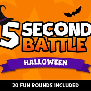 Puede incluir: Un gráfico de juego digital titulado 5 SECOND BATTLE HALLOWEEN con un sombrero de bruja negro, fondo naranja y siluetas de murciélagos negros. Una cinta morada muestra HALLOWEEN y el texto inferior indica 20 FUN ROUNDS INCLUDED.