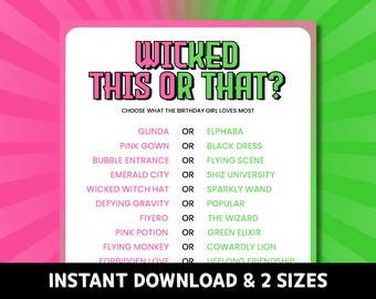 Birthday Girl WICKED Theme Party Game Printable - This or That Trivia Quiz for Teens Tweens Kids Activites Sheets Download Template